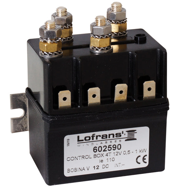 Lofrans relæboks til ankerspil set fra siden, 12V 500-700W, med 4 terminaler