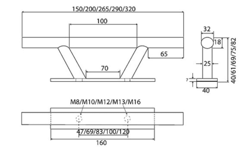 Pullert 150mm RF AISI 316 fra 1852, set fra siden med blank finish.