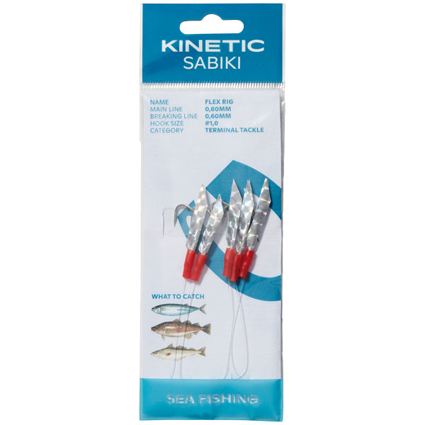Kinetic Sabiki Holo-Flex Rig i sølvfarve, pakket til fiskeri.
