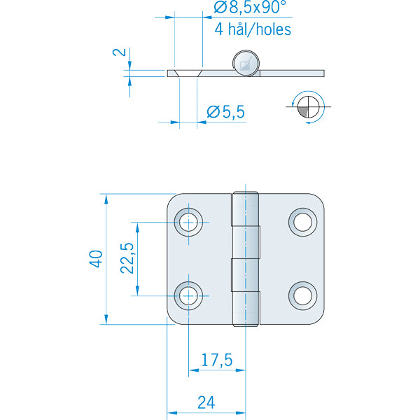 Roca hængsel 48x40mm i rustfrit stål, egnet til bådmonteringer.