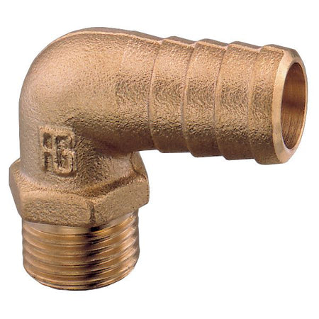 Guidi slangestuds 90° med udvendigt gevind i messing, set fra siden.