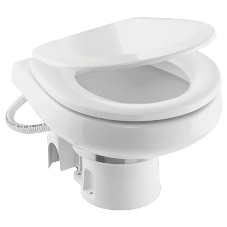 Dometic toilet i båd, sidevisning med kontrolknap og vandtilslutning.