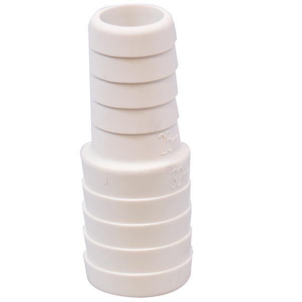 Trudesign slangeadapter 25-19mm i hvid farve, set fra siden