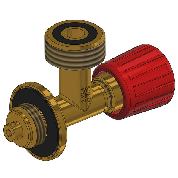 Lukkeventil til blå gasflaske regulator set forfra, model G12 M16x 1,5 fra IGT.