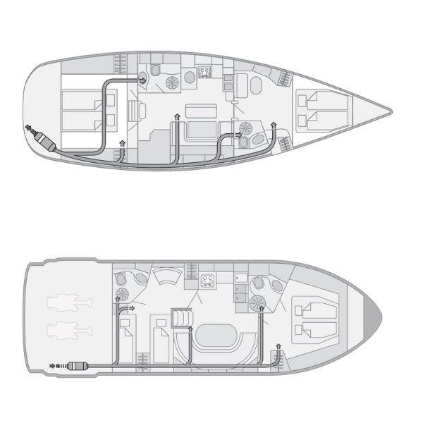 Webasto bådvarmer set fra siden, der viser design og dimensioner