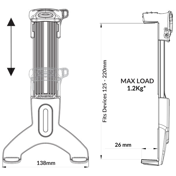 ROKK bøjle til tablet, vist fra siden med justerbar holder