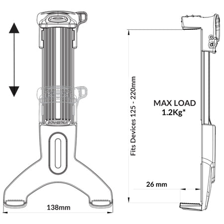 ROKK bøjle til tablet, vist fra siden med justerbar holder