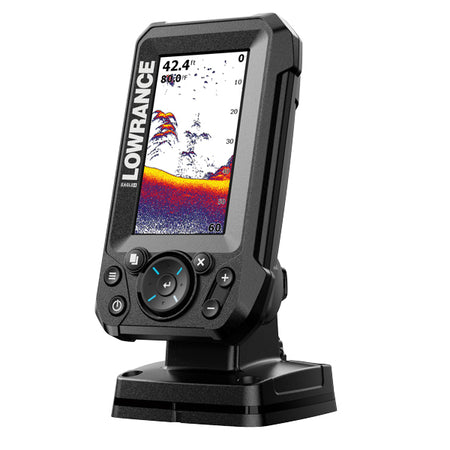 Sidevinkel af Lowrance 4X med fokus på hæktransduceren