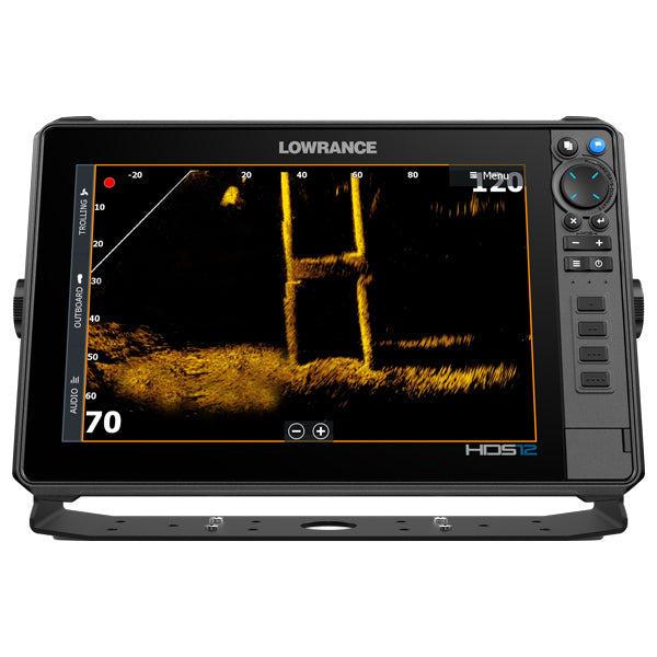 Sidevinkel af Lowrance HDS-12 PRO med kontroller synlige.