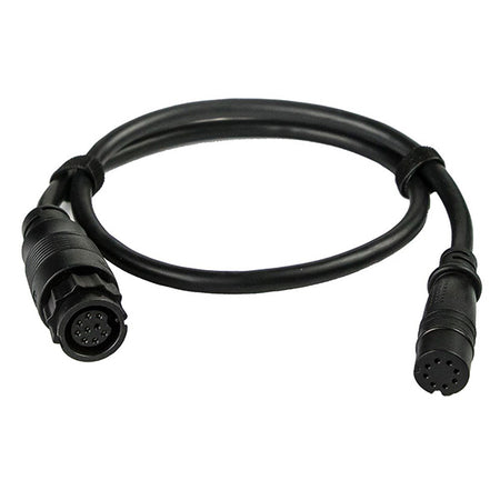 Adapter fra Navico til transducer, set fra siden med kabler synlige.
