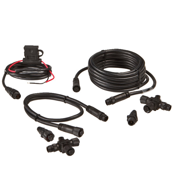 Komponenterne i Navico Nmea 2000 start kit præsenteret på hvid baggrund
