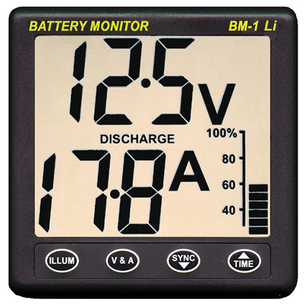 Nasa Clipper bm-1 lithium batteri monitor, set forfra med display og knapper.