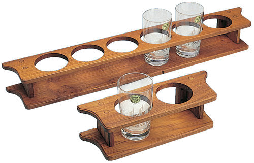 Roca glasholder i teak med plads til to glas, set fra siden.