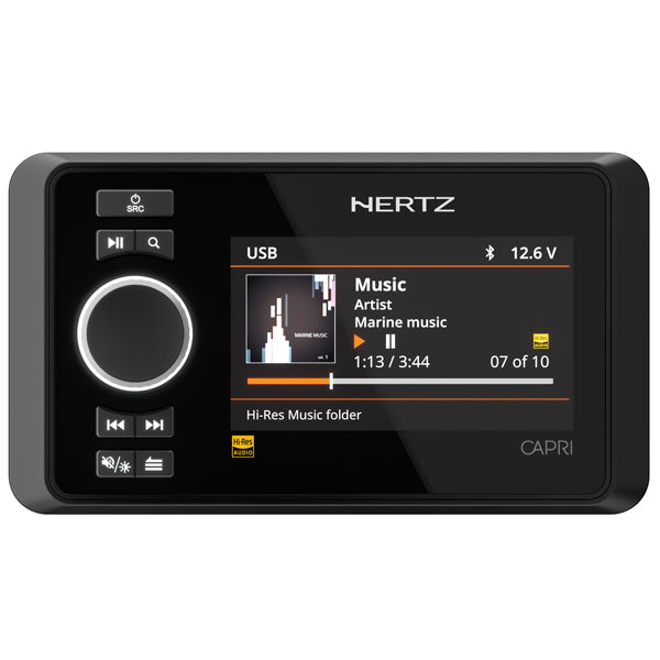 Hertz CAPRI H100 DAB+ modtager set forfra på bådinteriør