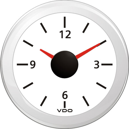 Vdo ur 12v i hvid farve, 52 mm diameter, set forfra
