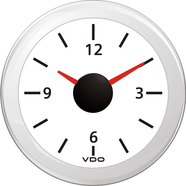 Vdo ur 12v i hvid farve, 52 mm diameter, set forfra