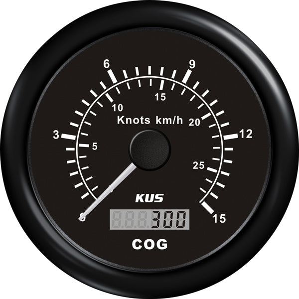 Kus GPS speedmåler 0-15 knob i sort, monteret på båd
