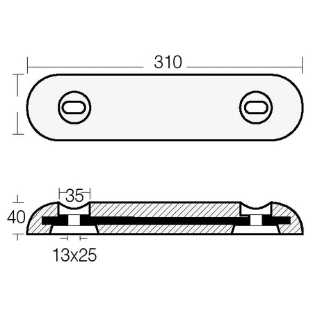 Frontvinklet billede af Tecnoseal zinkplade, viser dimensioner og vægt.
