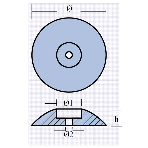 Tecnoseal zink anode Ø125mm, tæt på, viser detaljer og vægt på 985g