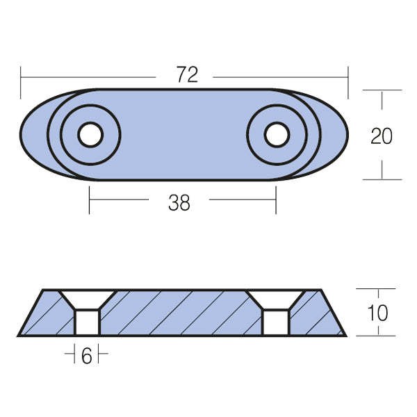 Zinkanode fra Tecnoseal, monteret på båd motor, 72×20×10 mm.