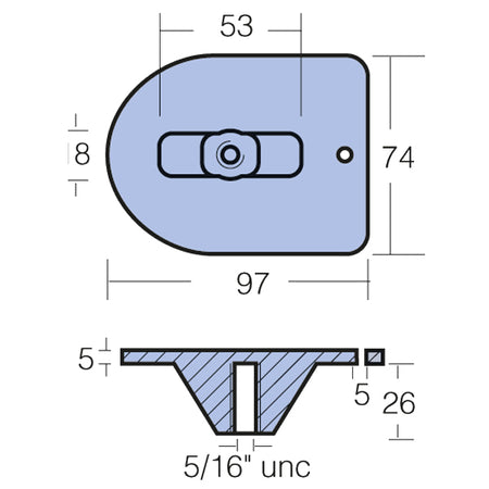 Tecnoseal zinkanode i nærbillede, viser detaljer og dimensioner.