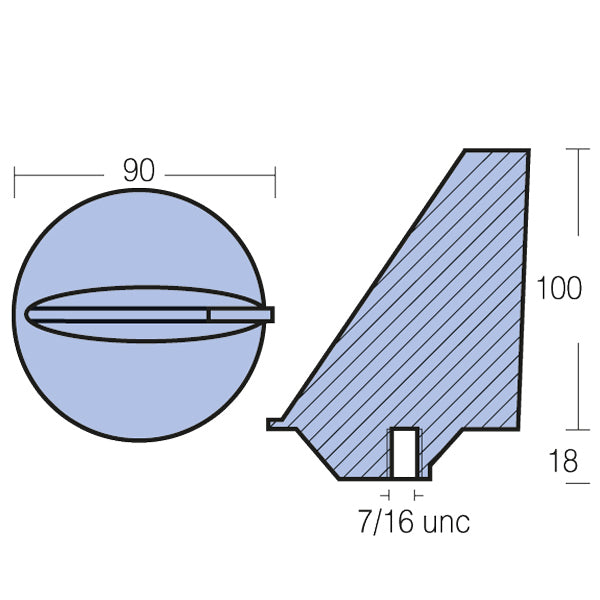 Oversigt over Tecnoseal zinkanode, viser dimensioner og detaljer.