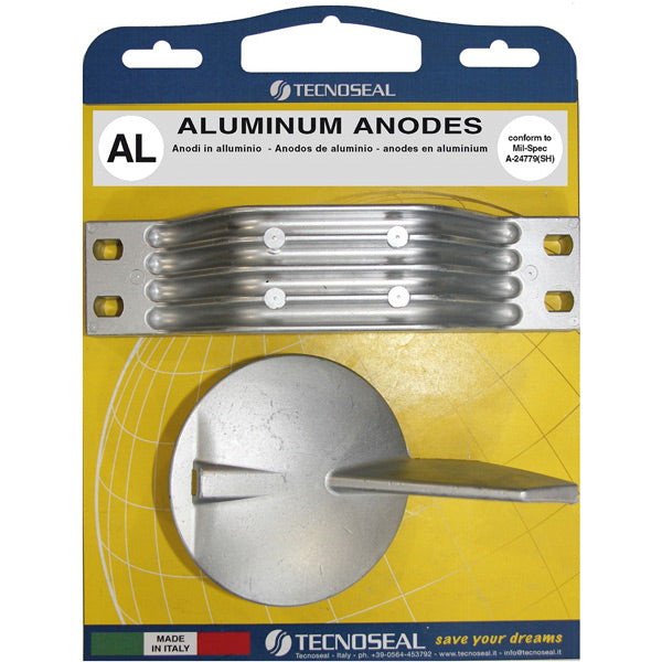 Tecnoseal alu anode kit til Yamaha, vist i emballage med illustrationer.