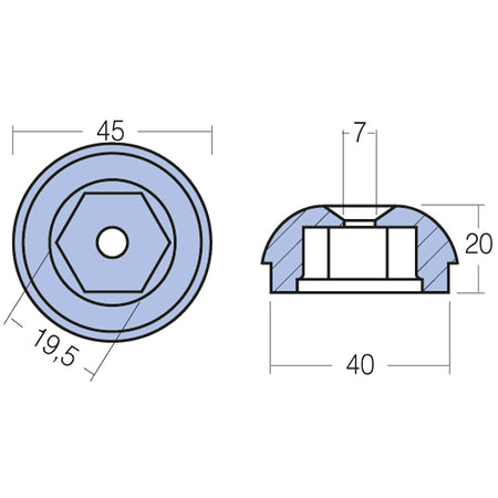 Detalje af Tecnoseal alu anode med 20 mm hul, ideel til bådbeskyttelse