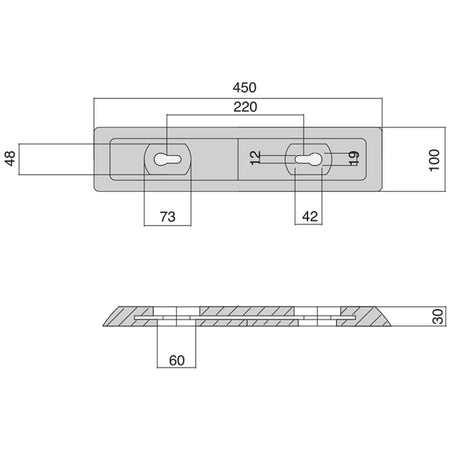 1852 zink anode liggende på overflade, viser detaljerne på 450x100x12mm.