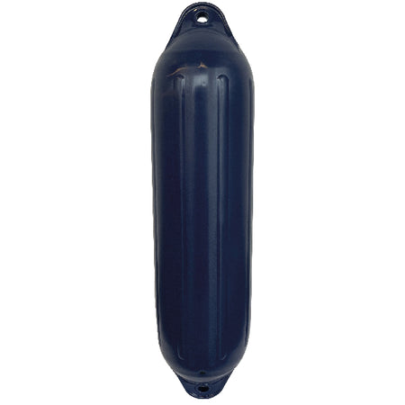 Fender i navy blå, Ø215xL700, vist på en båd i havn.