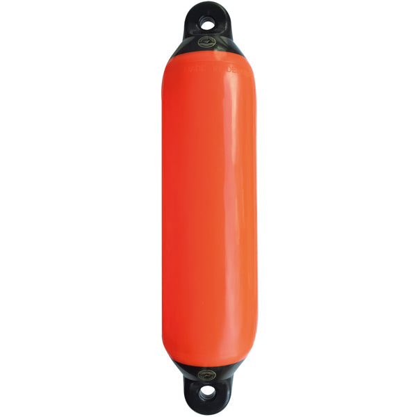 Dan-Fender 623 i orange med sort top, vist fra siden på en båd