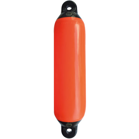 Dan-Fender 623 i orange med sort top, vist fra siden på en båd