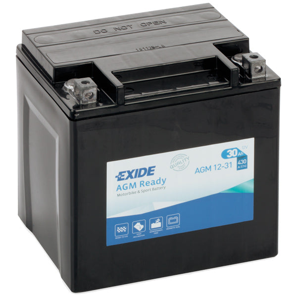 Exide AGM 30Ah batteri set fra fronten, klar til installation.