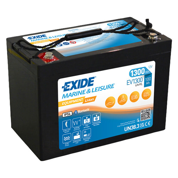 Exide EV1300 lithium batteri set fra siden med tydelig kapasitet og spænding