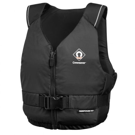 Crewsaver Response 50N flydevest set forfra, sort med justerbare stropper.