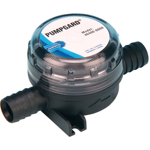 Jabsco pumpgard filter med 13mm slangestuds, set fra siden