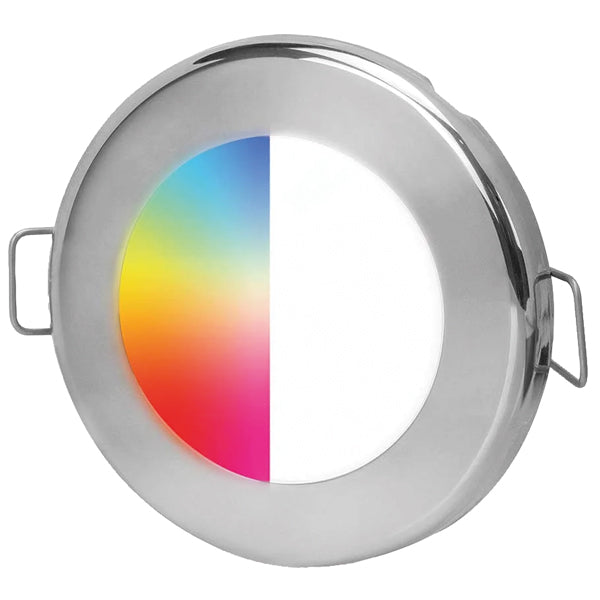 Hella Apelo RGB EuroLED75 loftlampe i rustfrit stål, monteret på en båd