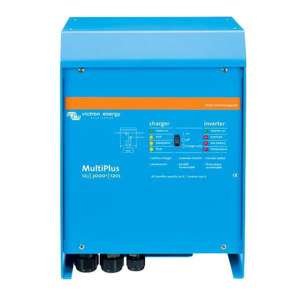 Victron Multiplus inverter/lader set fra siden, ideel til bådprojekter.