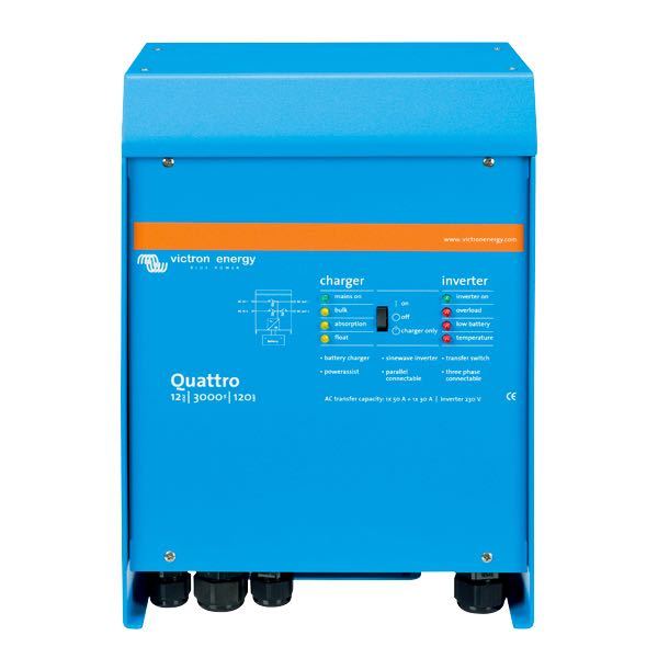 Victron inverter/lader quattro 12v 2500w set forfra med tilslutninger synlige