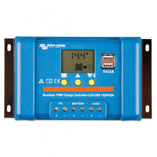 Victron BlueSolar PWM-LCD set forfra, med display og USB-porte.