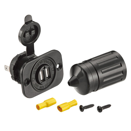 SeaTec vandtæt USB udtag i 12V med 5V 2,1Amp, set forfra