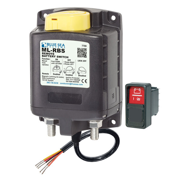 Blue Sea Systems Remote Battery Switch set forfra med tydelige kontakter.
