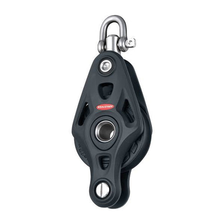 Ronstan enkeltblok med svirvel, set fra siden, klar til montering på båd.