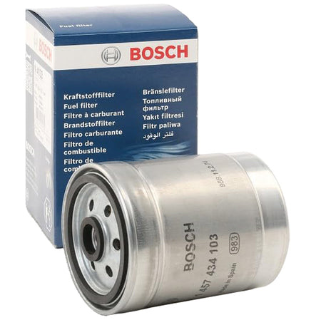 Bosch brændstoffilter N4103 set fra siden, fremhæver den korte 126mm længde.