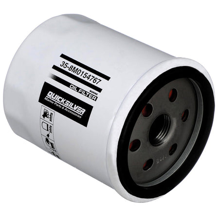 Quicksilver oliefilter med 20 mikron, set fra siden.