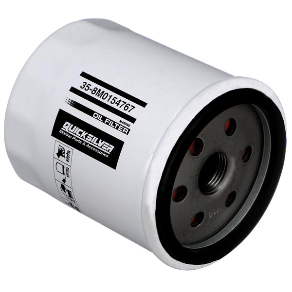 Quicksilver oliefilter med 20 mikron, set fra siden.
