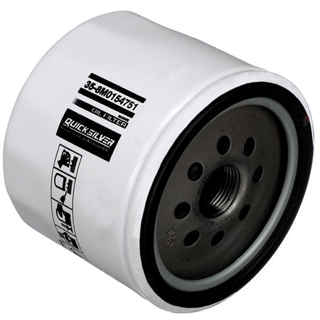 Quicksilver oliefilter 20-mikron set fra siden med etikette synlig