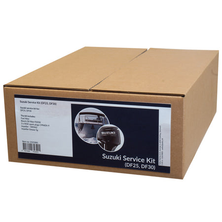 Indholdet af SeaTec Suzuki servicekit pakket i en kasse