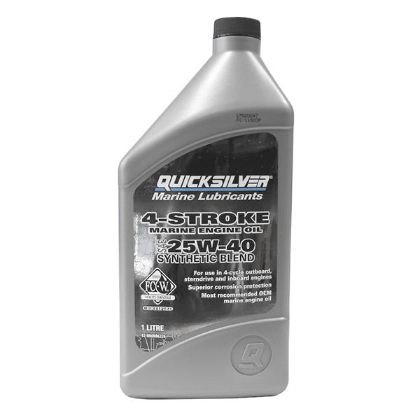 Quicksilver 25W-40 syntetisk motorolie i en 1L flaske på hvid baggrund.