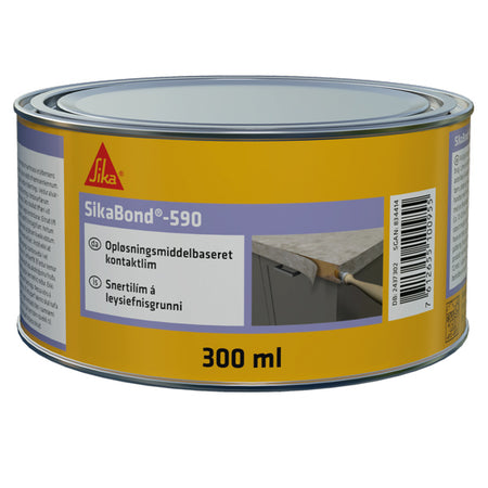 Sika bond 590 kontaktlim i beige, vises i tube med label.